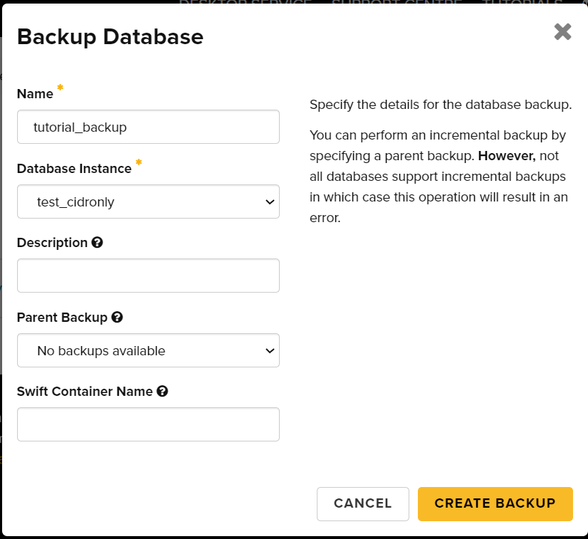 Database backup dialog