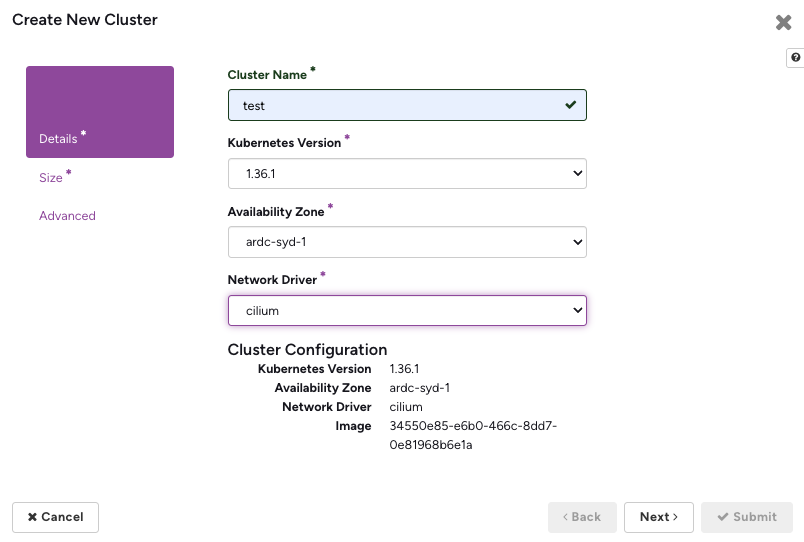 Create New Cluster dialog, Details step