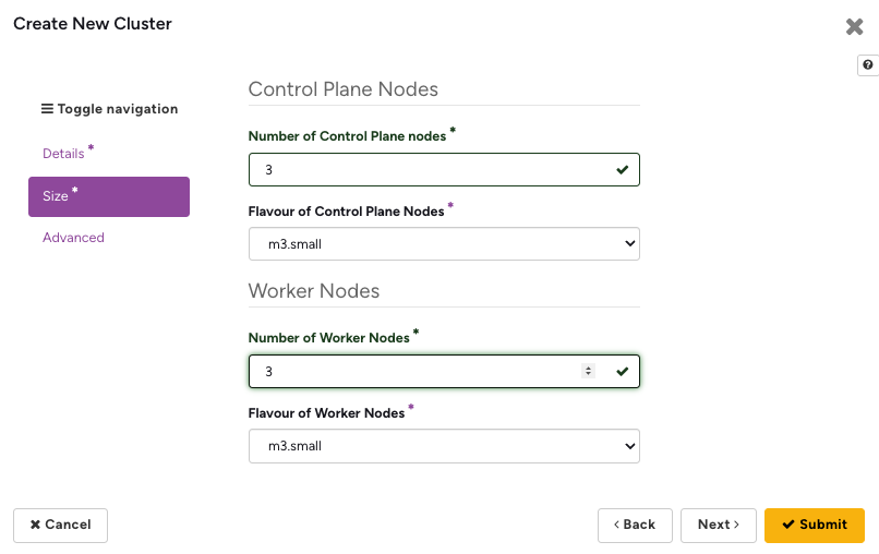 Create New Cluster dialog, Size step