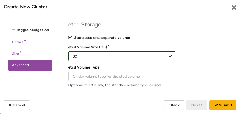 Create New Cluster dialog, Advanced step