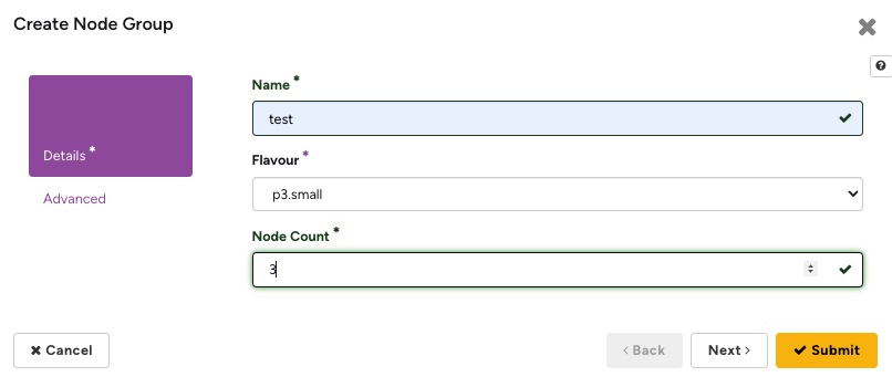 Create Node Group dialog, Details step