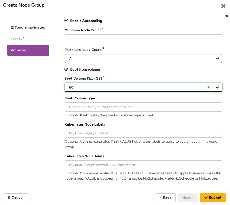 Create Node Group dialog, Advanced step