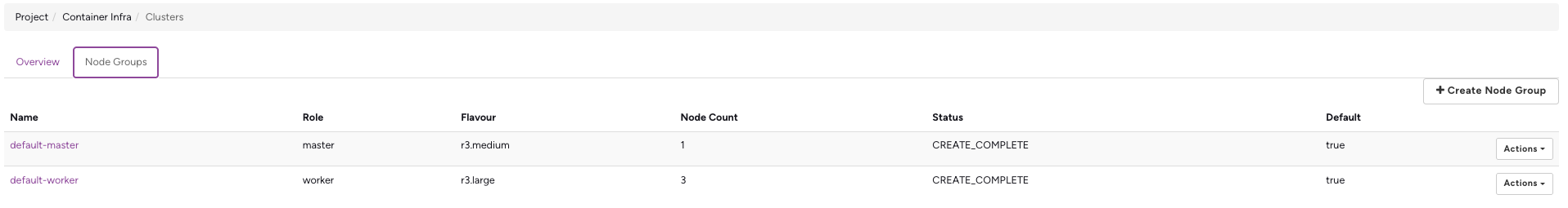 Node Groups tab showing the default node groups