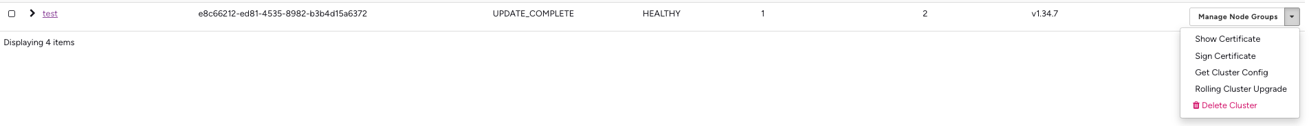 Cluster actions menu with Rolling Cluster Upgrade