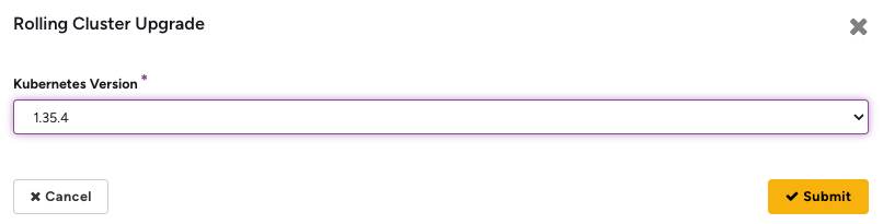Rolling Cluster Upgrade dialog with Kubernetes Version selection