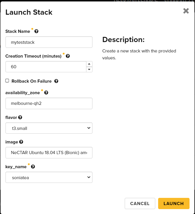 Launch stack dialog