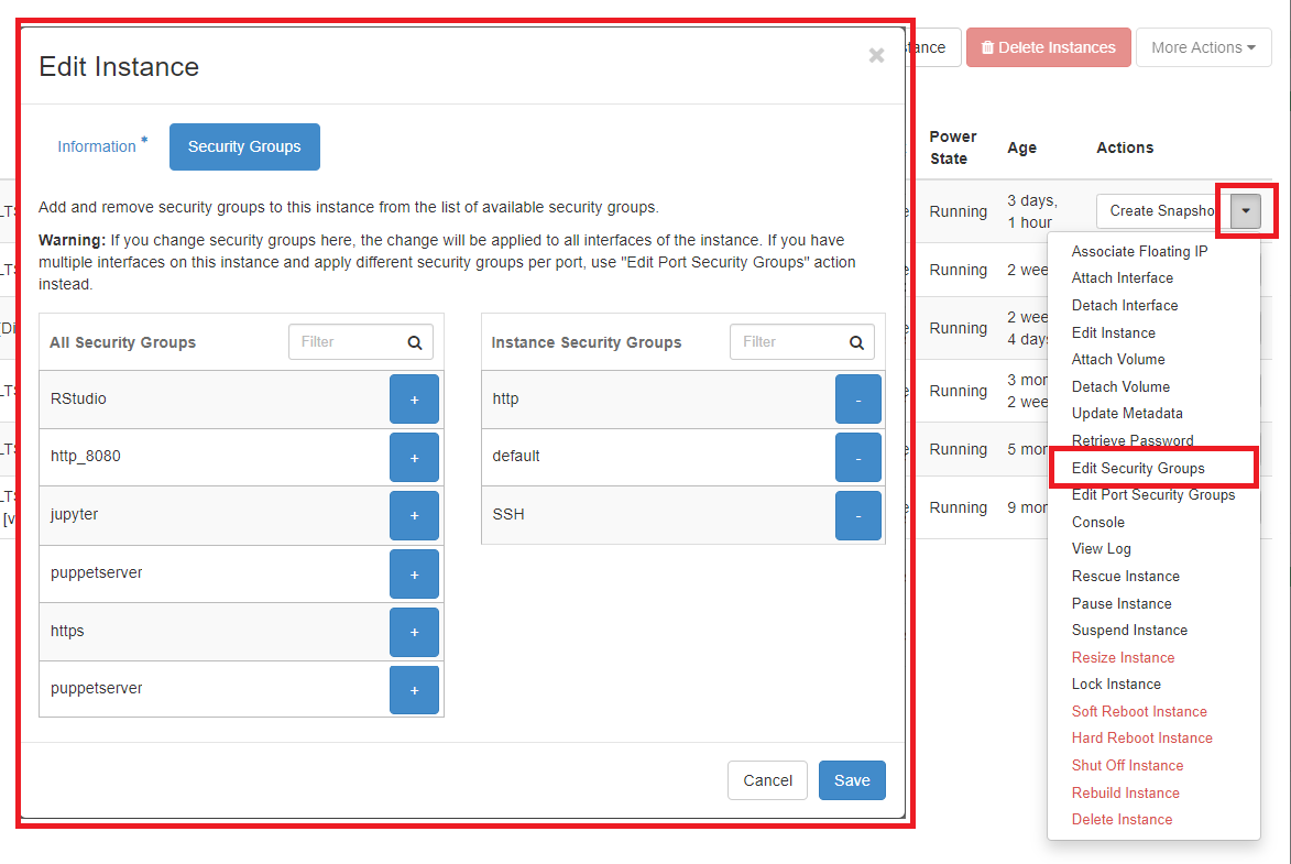 Security Groups in the Edit Instance Dialog