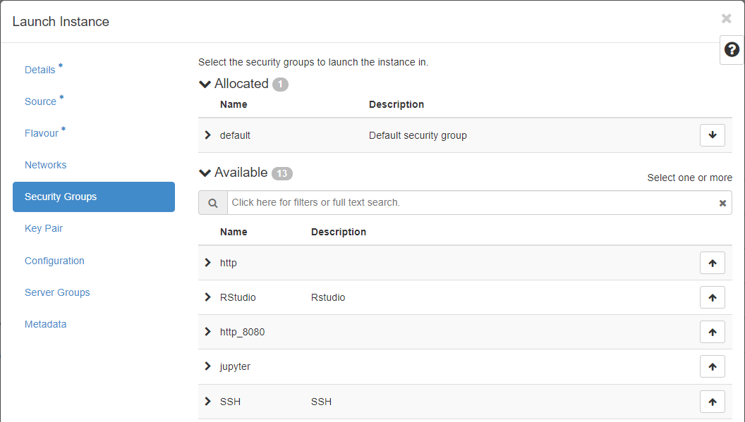 Security Groups in the Launch Dialog