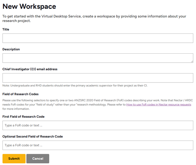 Form to create a new Workspace